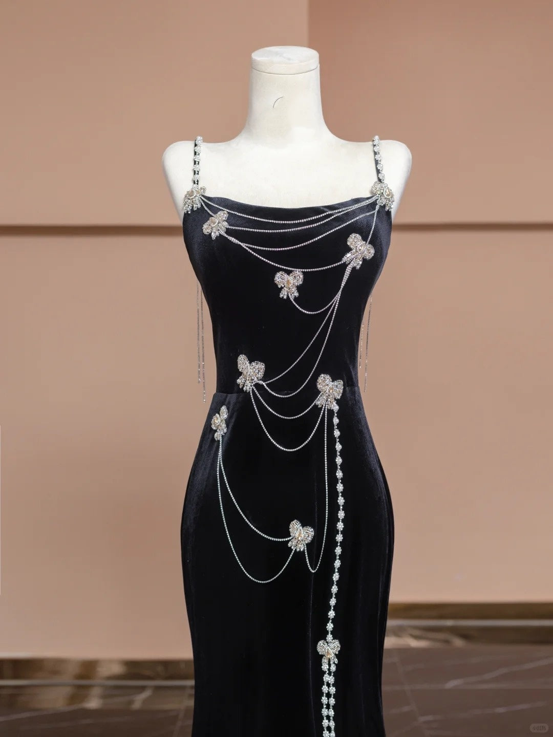 Black butterfly velvet long beaded prom dress evening gown nv5077