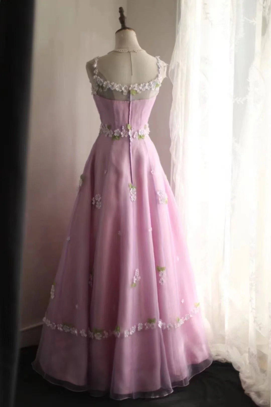 Pink Sweet Floral Long Tulle Prom Dress Evening Dress Party Dress nv4690