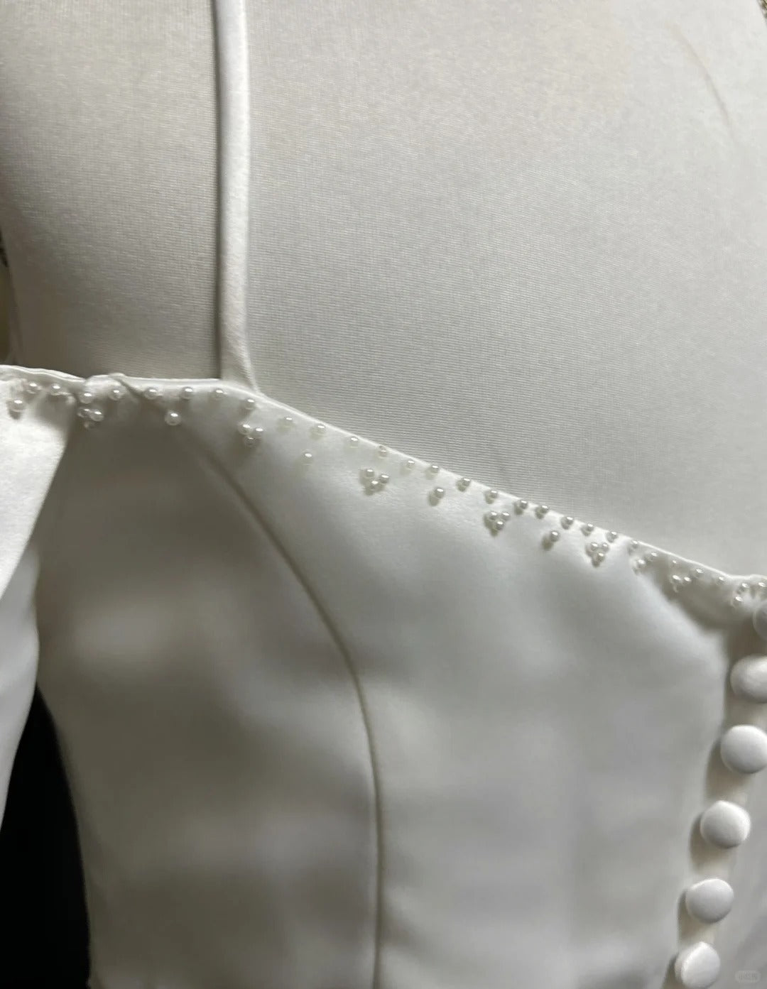 White Delicate Pearl Elegant Long Satin Prom Dress Evening Dress nv4927