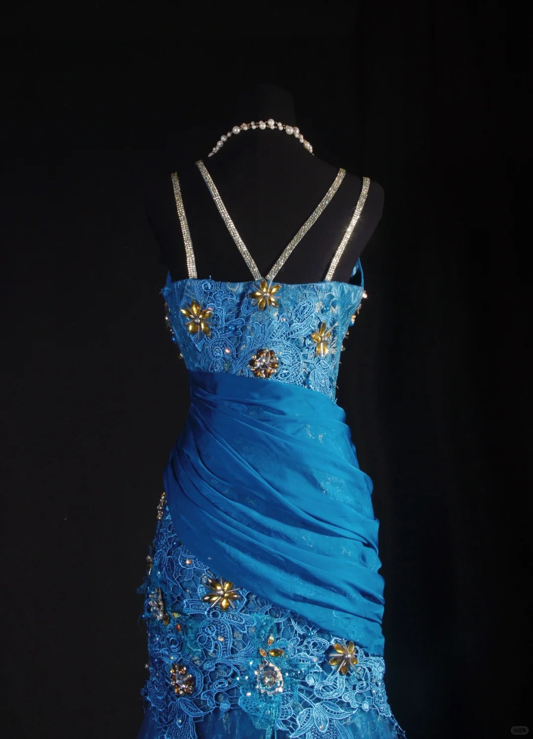Fantasy blue exquisite floral beading long lace satin prom dress party dress vintage nv5211