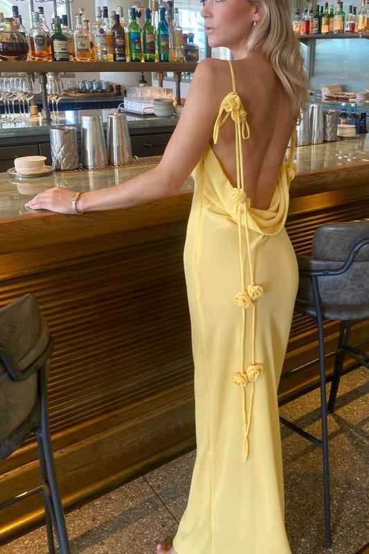 Yellow tassel satin elegant long spaghetti strap prom dress wedding guest dress nv5201