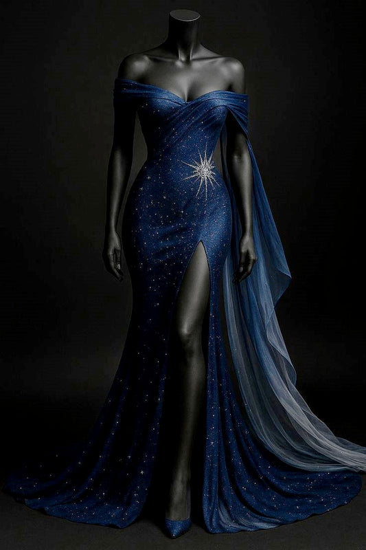 Royal blue shiny beaded tulle satin sexy slit long prom dress evening dress nv5121