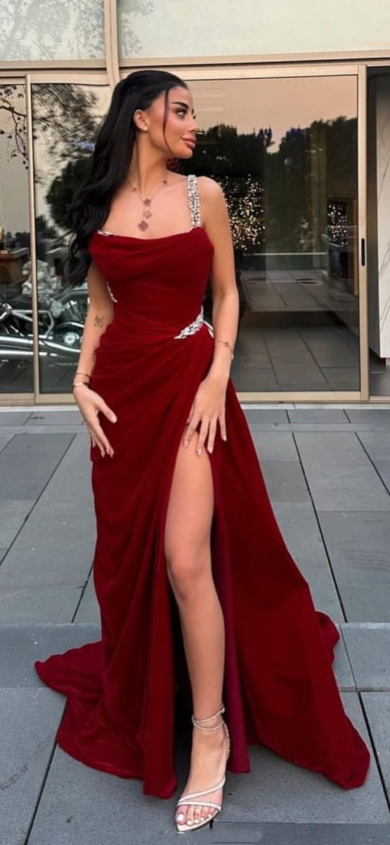 Burgundy elegant sequin mermaid side slit satin long floor length train ball gown evening dress party dress nv2416