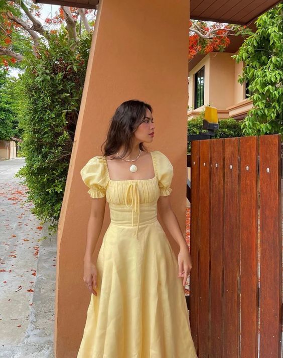 Yellow Elegant Long Puff Sleeve Slit Prom Dress Birthday Dress Evening Dress Wedding Guest Dress nv1710
