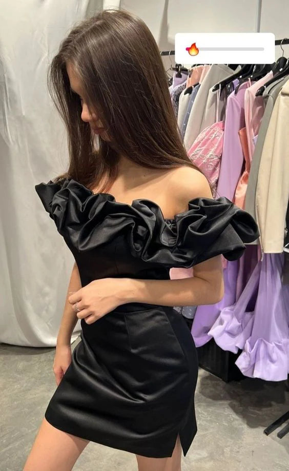 Black tight off the shoulder ruffle short mini satin homecoming dress prom dress birthday party dress nv1730