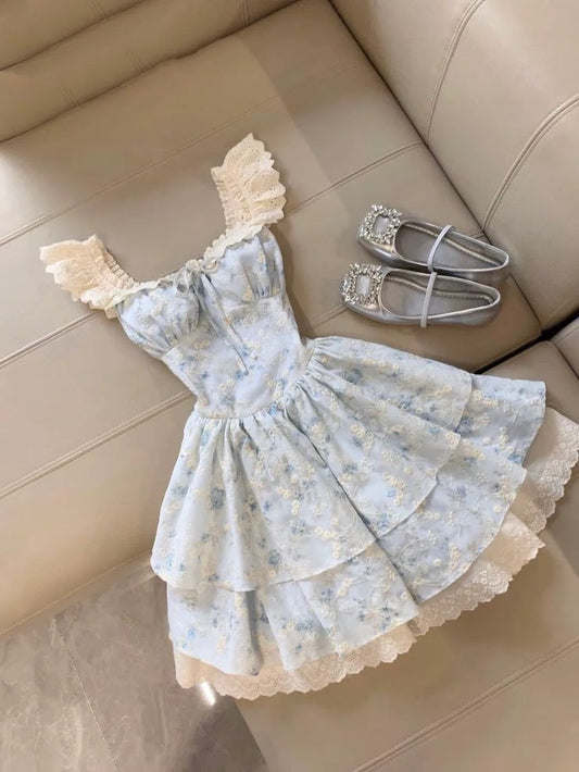 Light Blue Sweet Floral Short Chiffon Homecoming Dress Party Dress nv4879