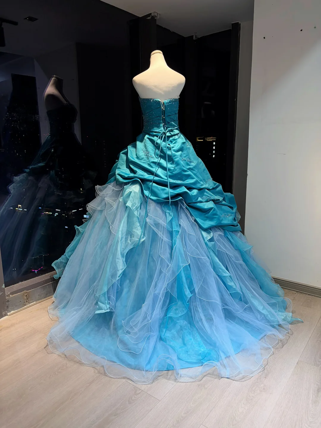 Turquoise Strapless Ball Gown Beaded Rhinestone Ruffle Tulle Formal Dress NV6962