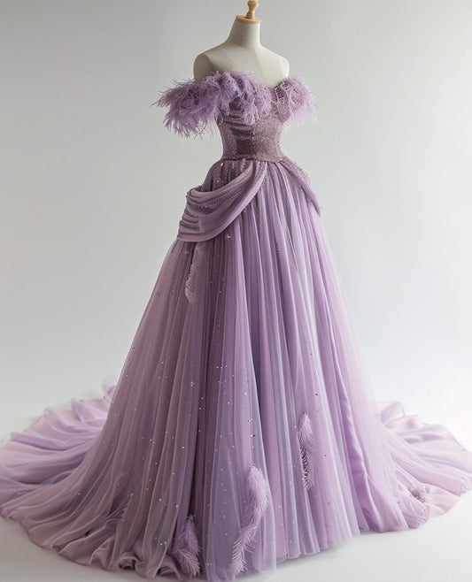 Purple Shiny Sequin Vintage Elegant Long Tulle Ball Gown nv4834