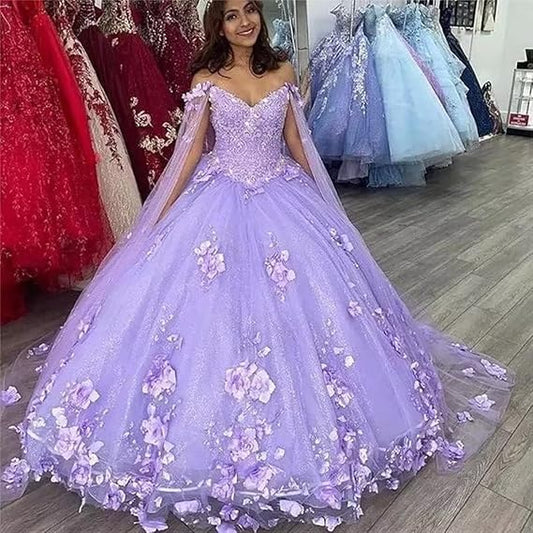 Light Purple Quinceanera Dresses With Cape 3D Floral Applique nv1007