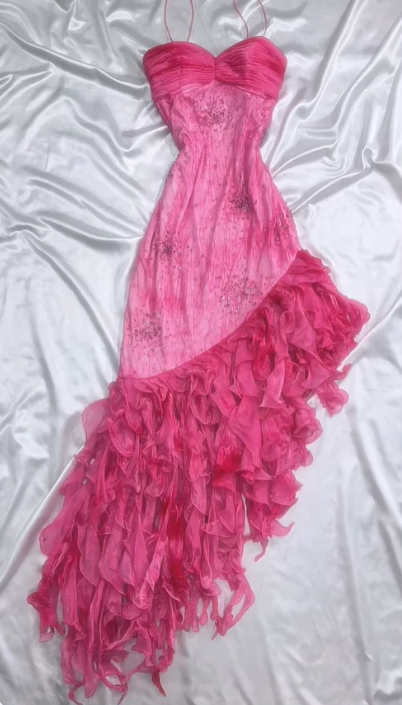 Pink Strapless Sweetheart Neck Floral Ruffle Long Chiffon Party Dress nv5343