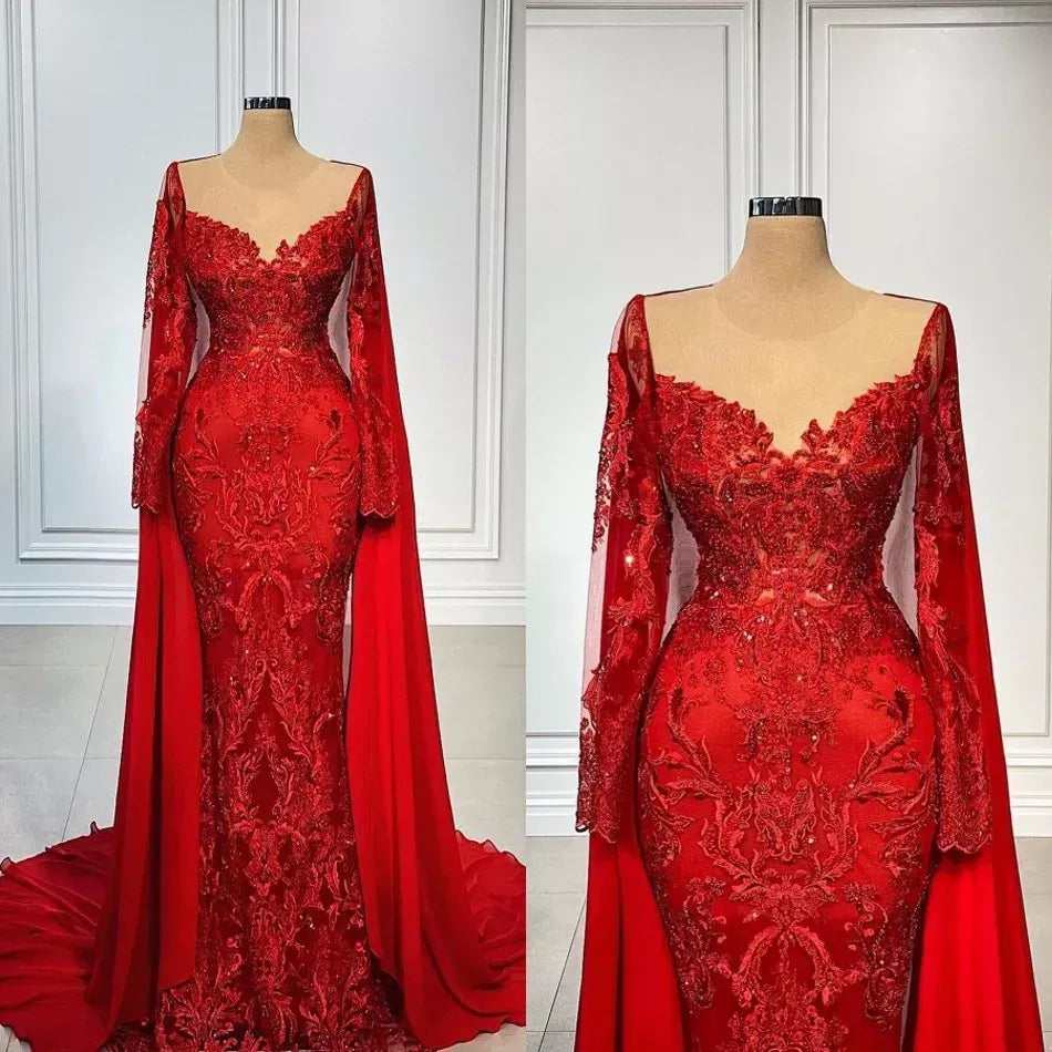 Red Luxurious Mermaid Prom Dresses Sheer Neck Lace Beaded Evening Formal Party Gowns Dress nv4