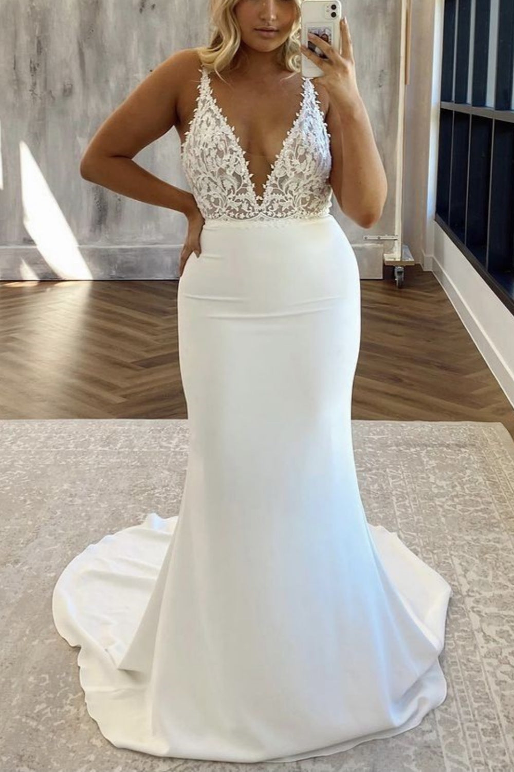 Wedding Dress Elegant Sexy Style Spaghetti Strap Lace Gown | White Satin Mermaid Train Maxi Dress for Wedding Toast Engagement Luxury Dinner Party NV6265