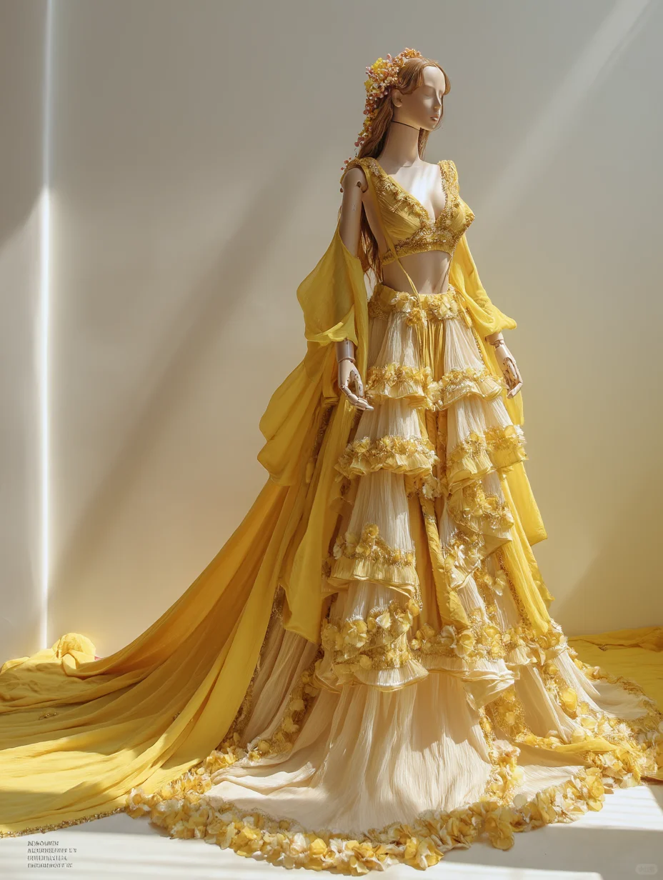 Yellow Ombre 2-Piece Fairy Gown with Cape Sleeve and 3D Floral Long Train NV7486