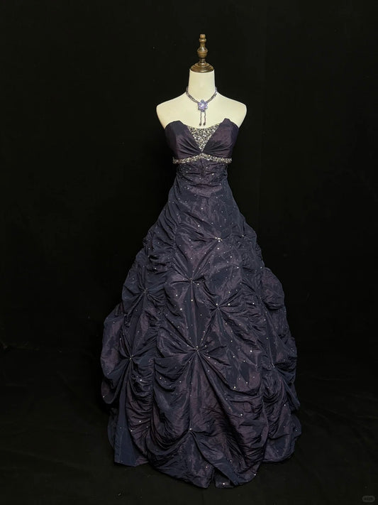 Sparkling dreamy starry purple night star river exquisite beaded satin floor-length retro long ball gown nv5149