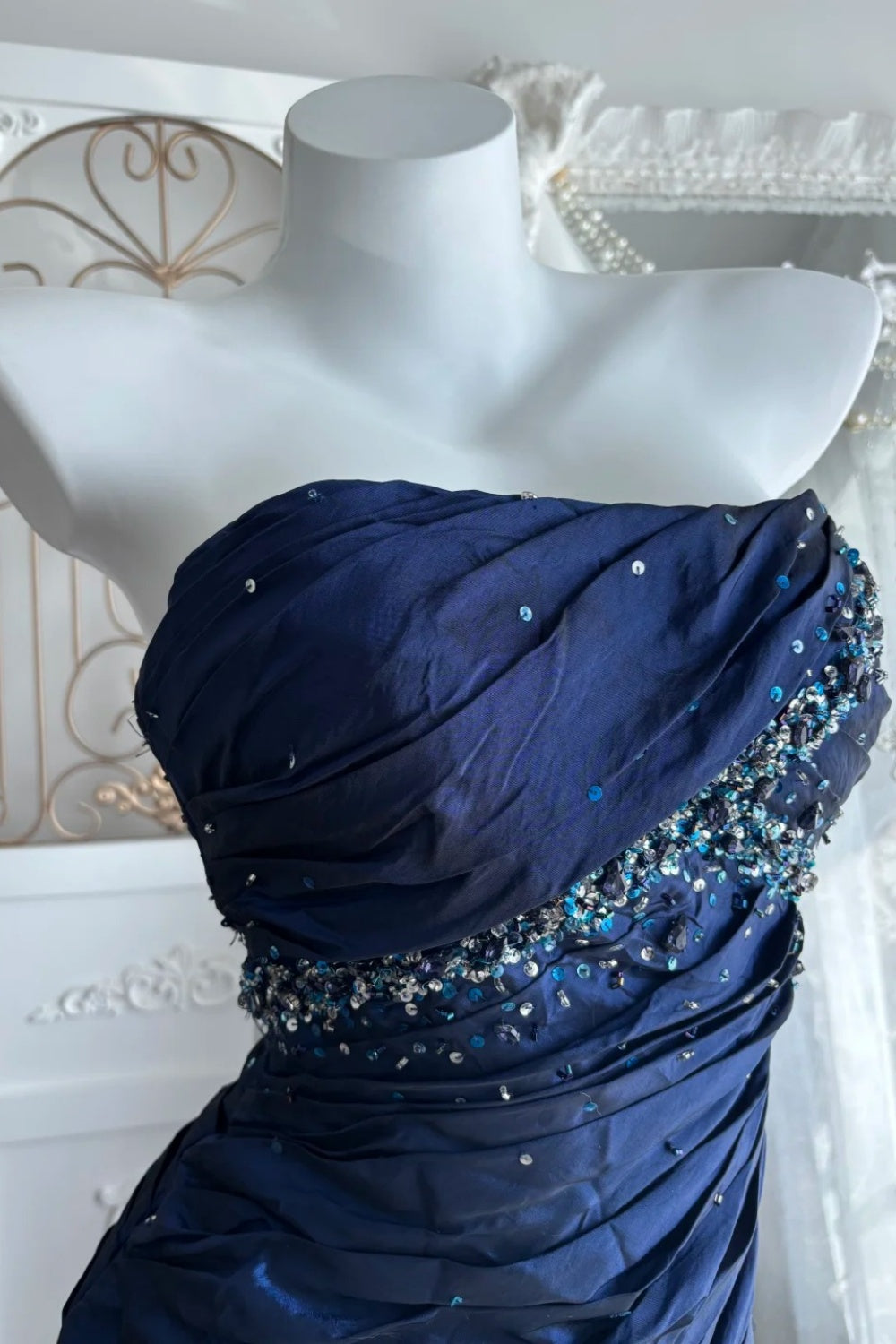 Viral Trend Royal Blue Mermaid Gown: Beaded Strapless & Ruffled Hem NV6840
