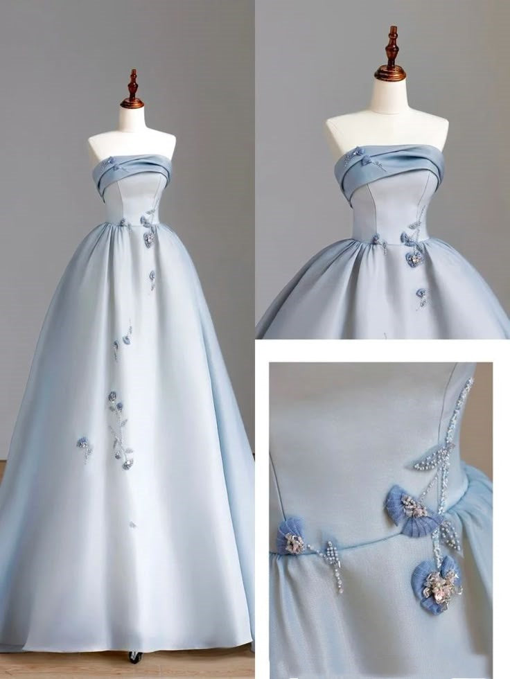 Blue Elegant Stylish Exquisite Floral Beaded Long Floor Length Tulle Graduation Gown Prom Dress Evening Gown nv3939