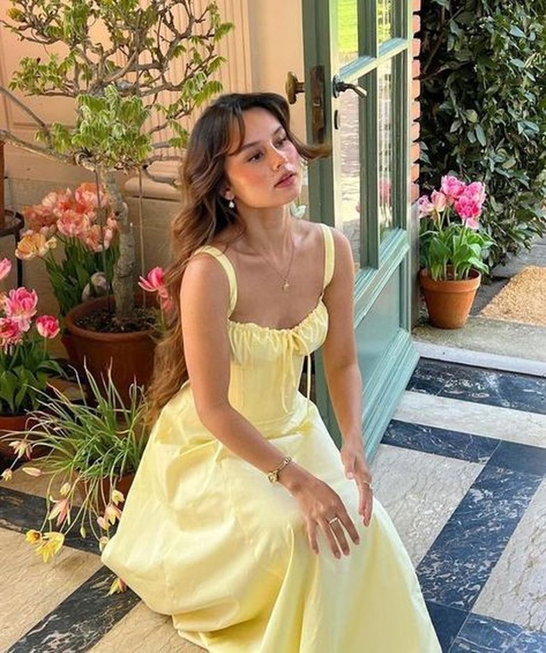 Yellow Elegant Long Puff Sleeve Slit Prom Dress Birthday Dress Evening Dress Wedding Guest Dress nv1710