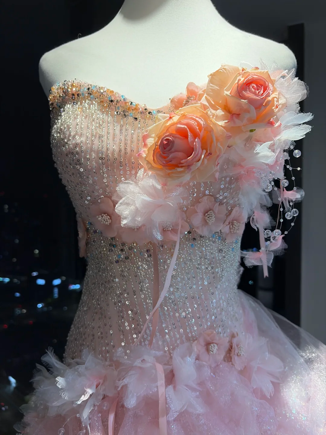 Pink Strapless Mermaid Dress 3D Floral Tiered Glitter Tulle Long Train Fairy Prom Gown NV6936