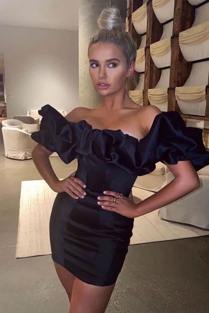 Black tight off the shoulder ruffle short mini satin homecoming dress prom dress birthday party dress nv1730