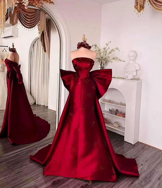 Red shiny long satin ball gown evening dress nv4909