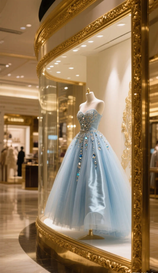 Blue shiny elegant rhinestone long princess tulle ball gown evening dress nv4432