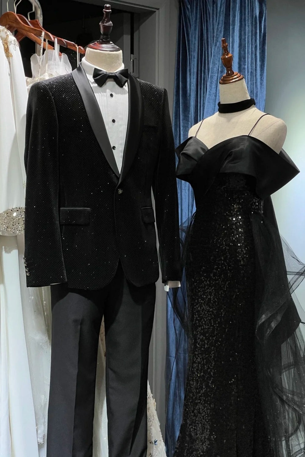 Black shiny long tulle ball dress NV6627