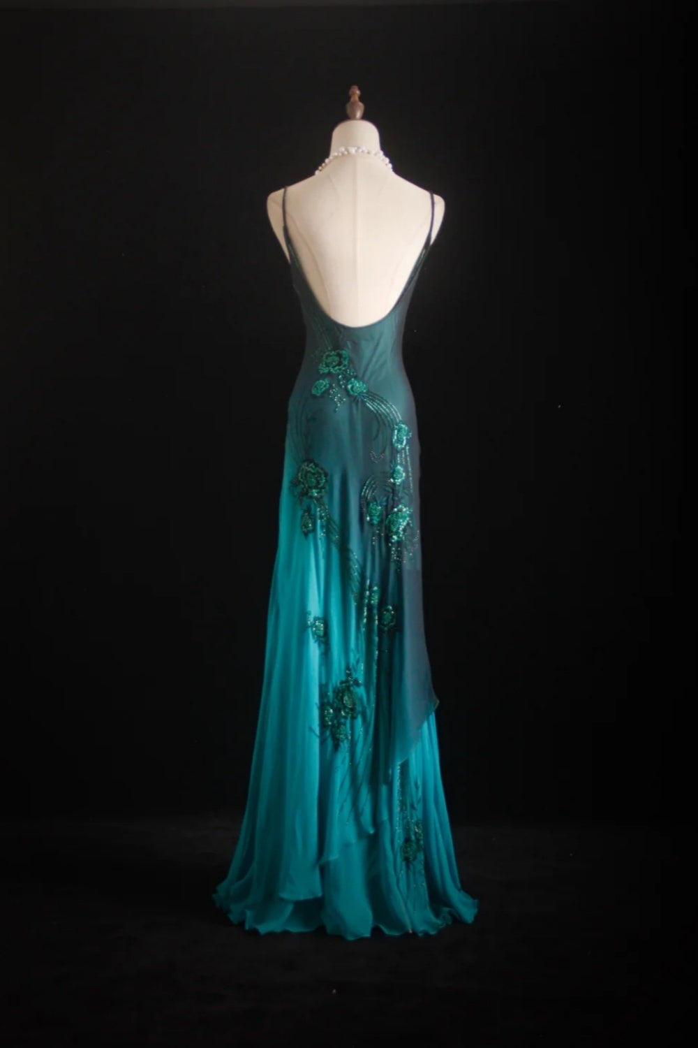 NiceVestidos--Vintage Beaded Glamorous Flowy Teal Gradient Elegant Artistic Floral Beaded Prom Dress NV5790