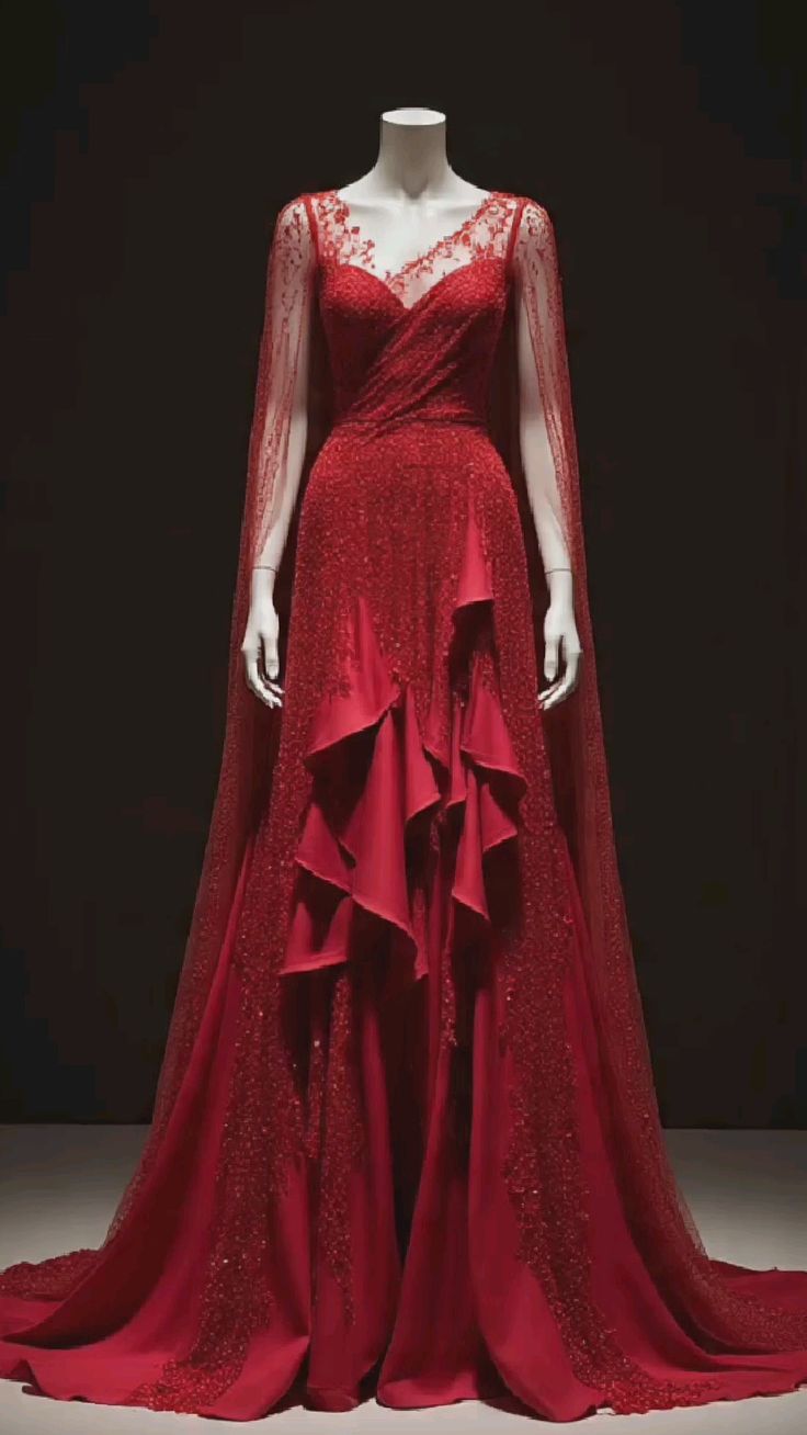 NiceVestidos – Rotes, bodenlanges Tüllkleid mit langen Ärmeln und Schleppe, besetzt mit Spitze und Pailletten (NV6164)