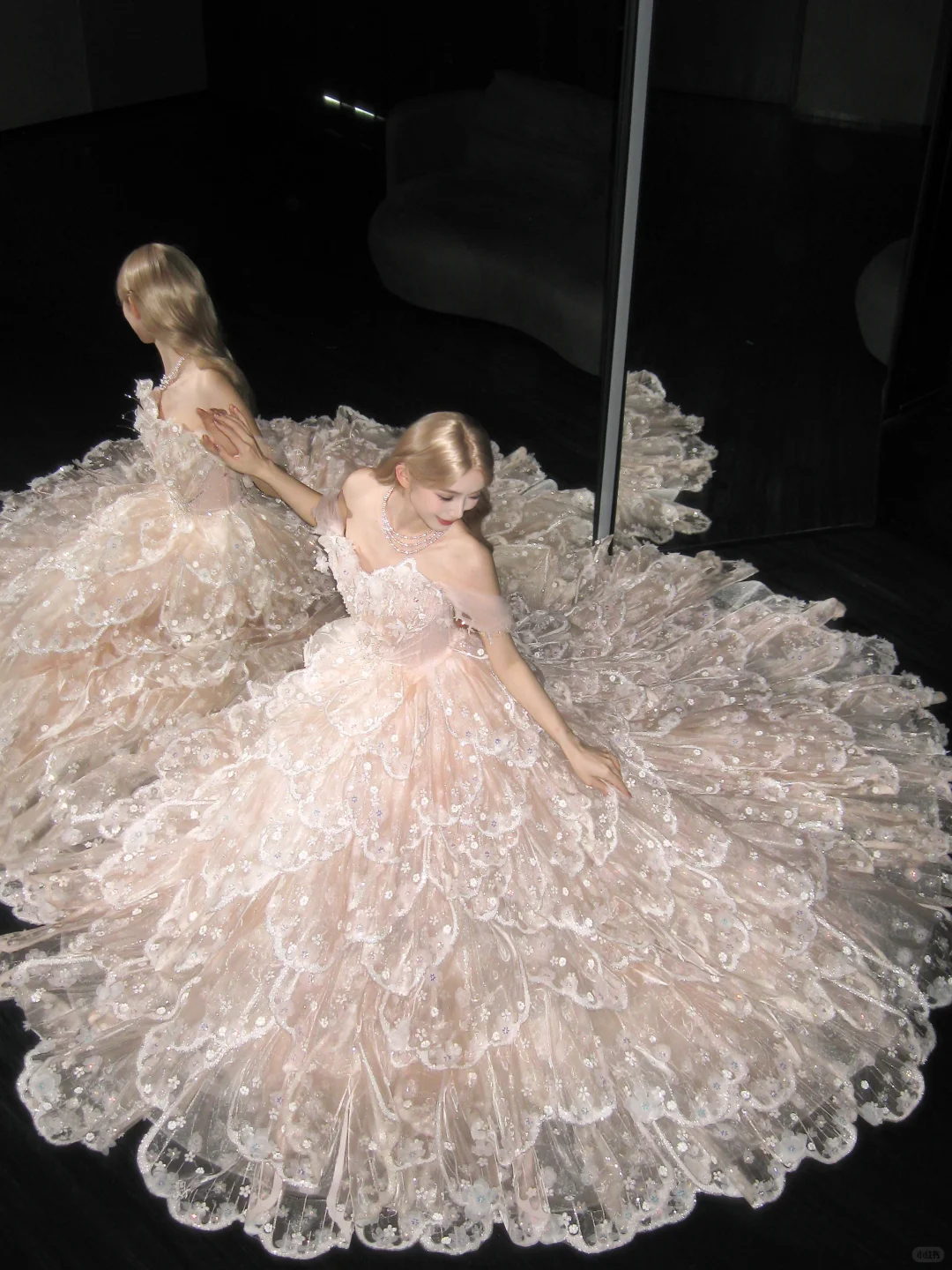 Off Shoulder Light Pink Ball Gown Prom Dress, Tiered Scalloped Tulle Beaded Evening Gown NV7108
