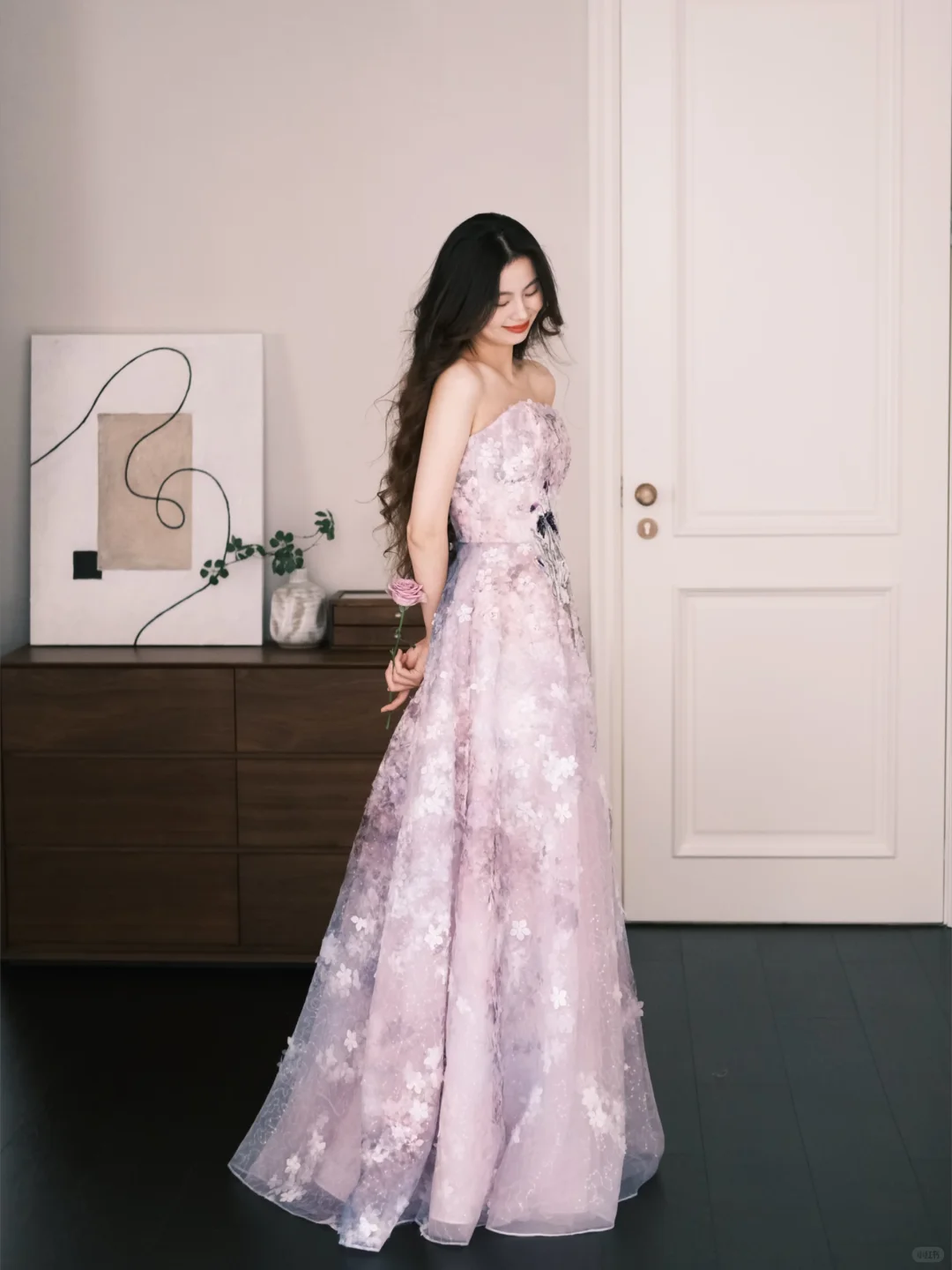 Pink Purple Ombre Strapless 3D Floral Prom Dress NV7225