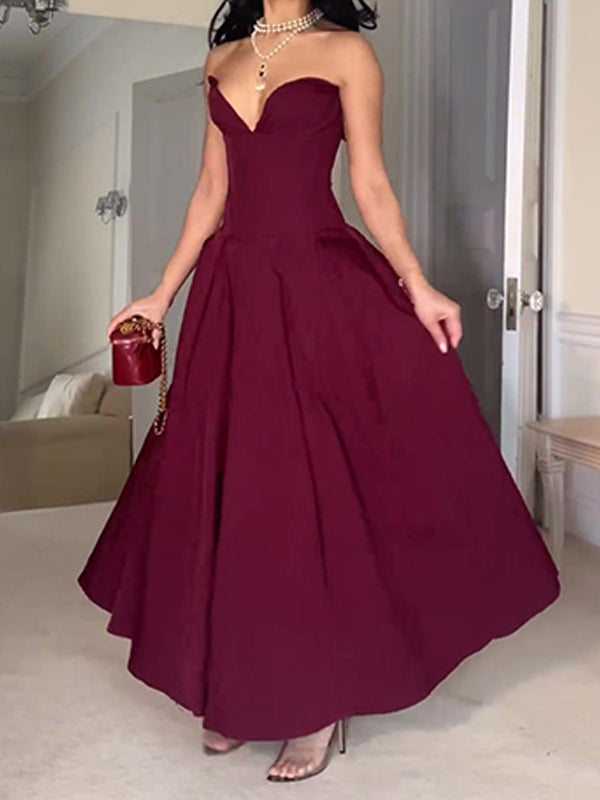 Burgundy A-line Princess V-neck Floor-length Long Ball Gown Evening Dress nv1933
