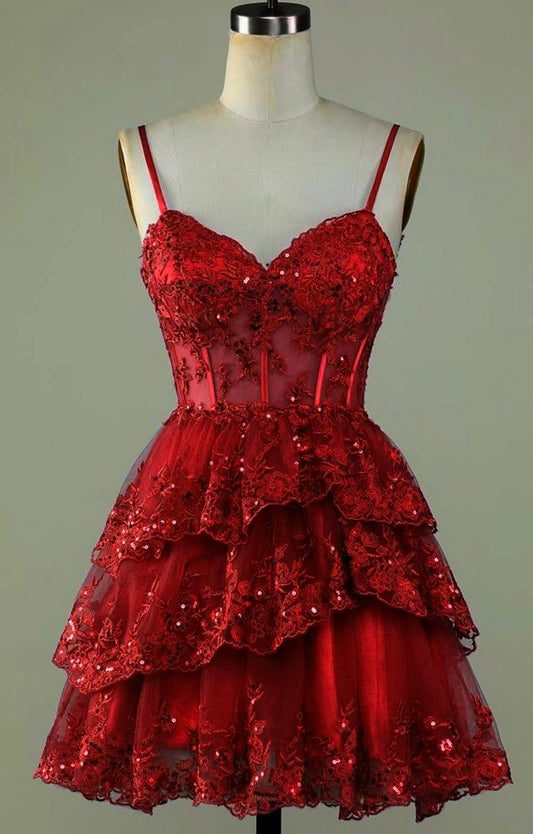 Red shiny sequin ruffle short tulle homecoming dress birthday party dress nv4933