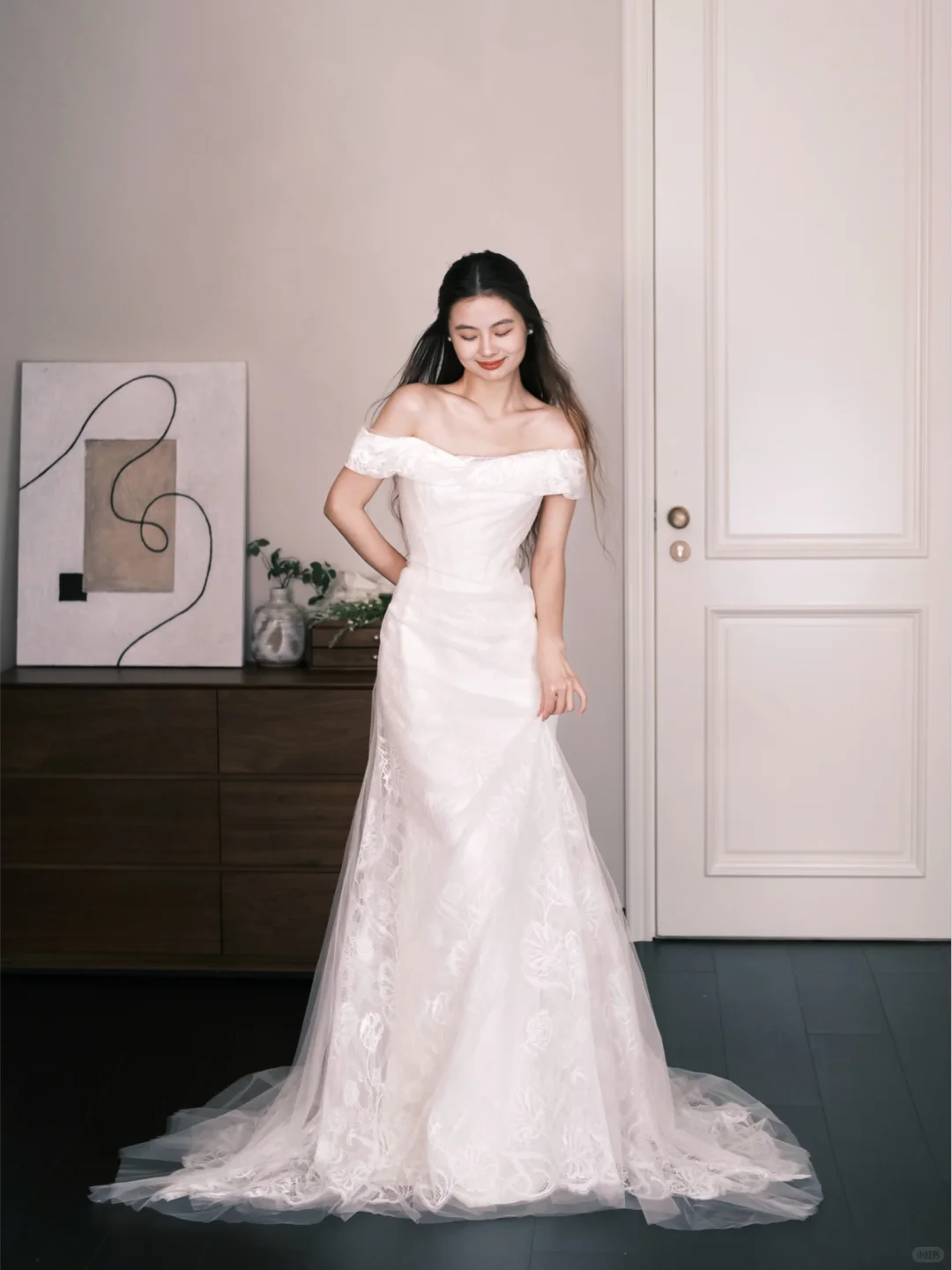 Off-the-Shoulder Lace Mermaid Wedding Gown, Floral Lace Fitted Bridal Dress NV7306