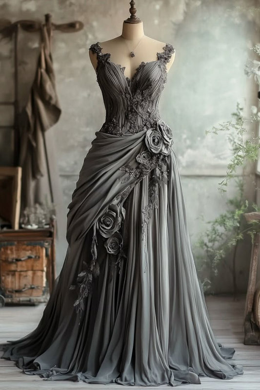 Grey Floral Elegant Long Fairy Tulle Ball Gown nv4841