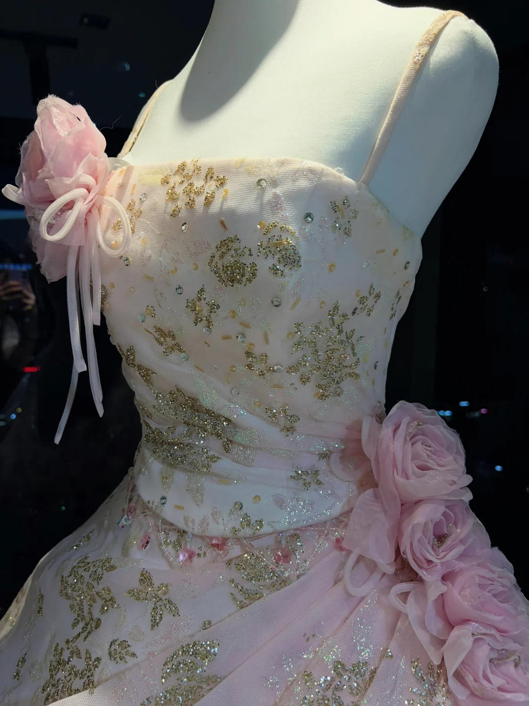 Pink Ombre Spaghetti Straps Ball Gown Gold Glitter Floral 3D Rose Tiered Ruffle Tulle Fairy Prom Dress NV6939