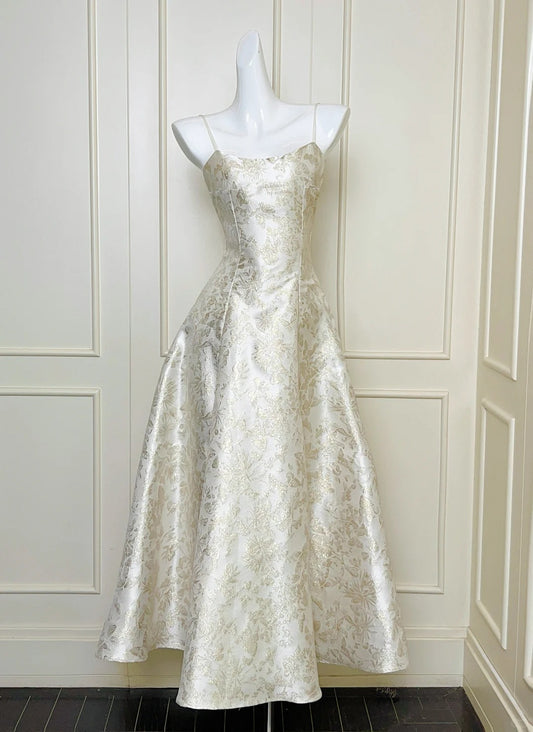 White exquisite gold floral long spaghetti strap satin prom dress nv5422