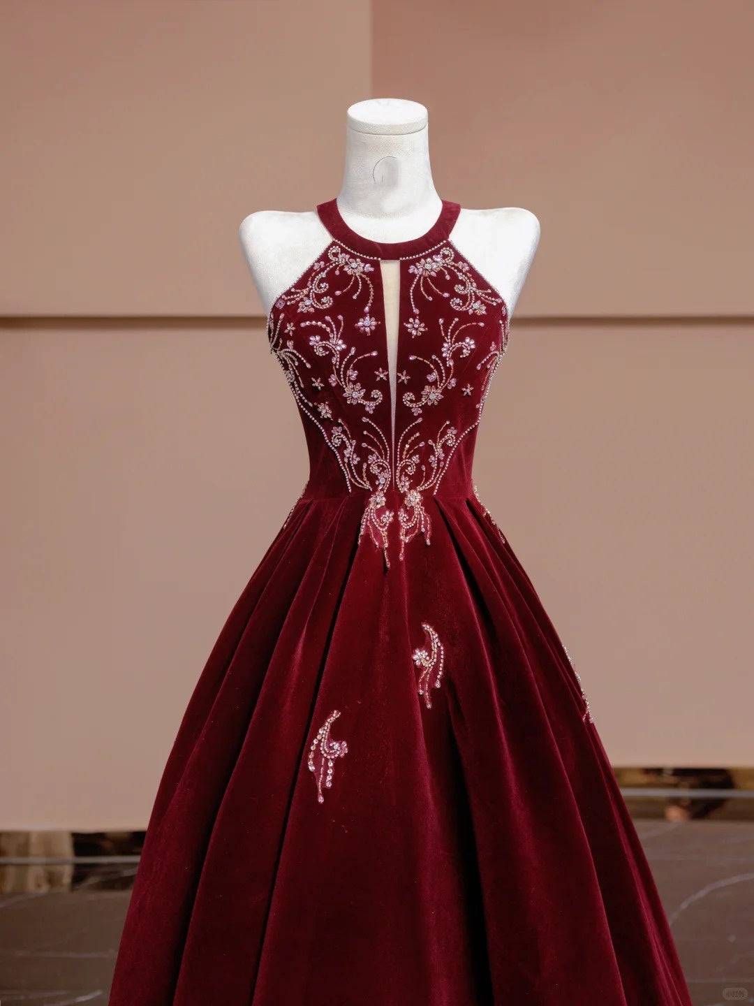 Red beaded long velvet floor-length ball gown evening dress nv5051