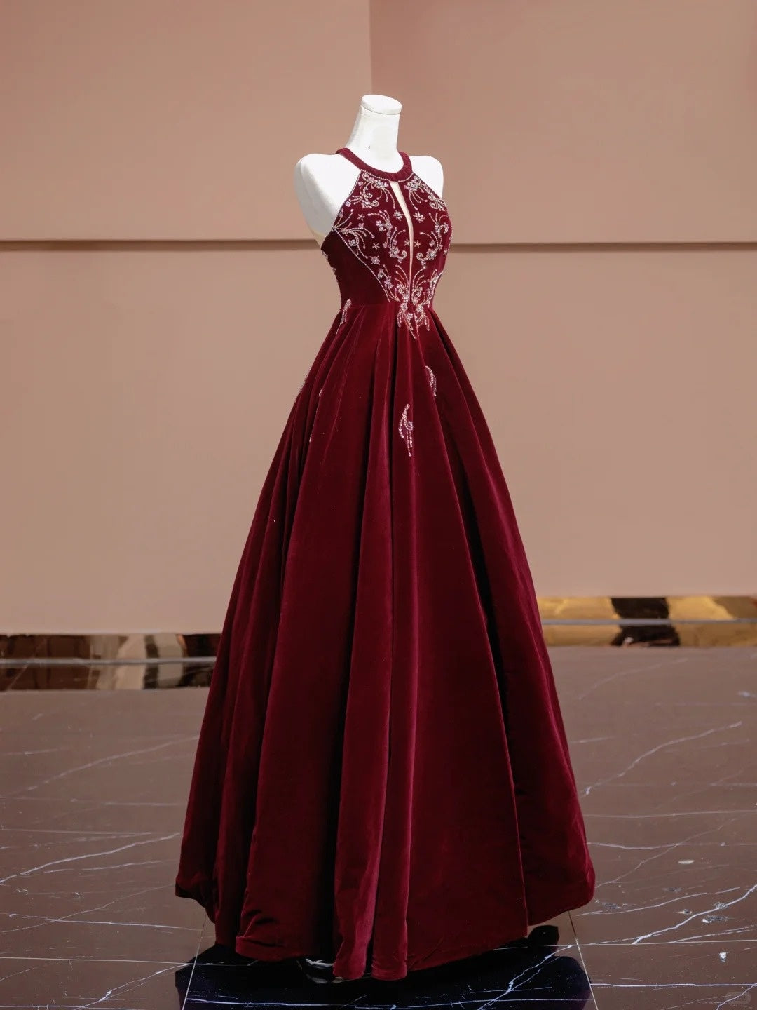 Red beaded long velvet floor-length ball gown evening dress nv5051