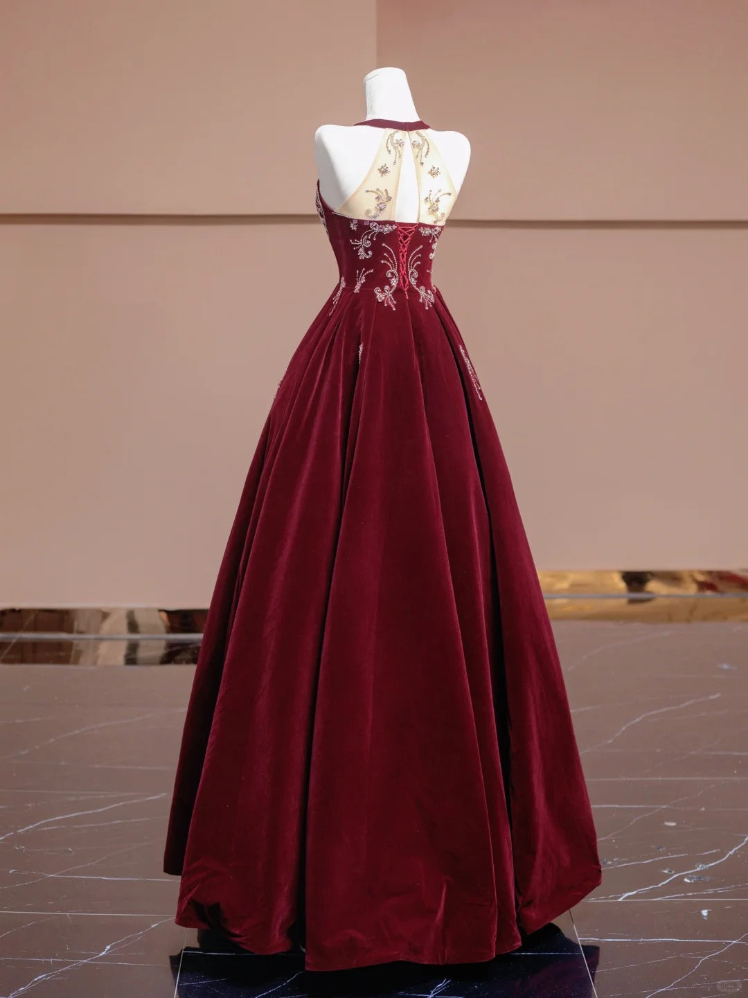 Red beaded long velvet floor-length ball gown evening dress nv5051