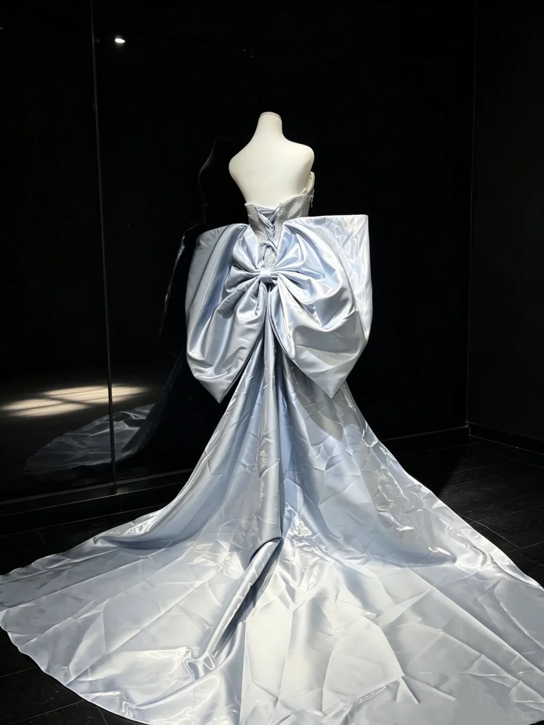Ice Blue Strapless Mermaid Formal Gown Full Rhinestone Mesh 3D Satin Bow Long Train Evening Dress NV6966