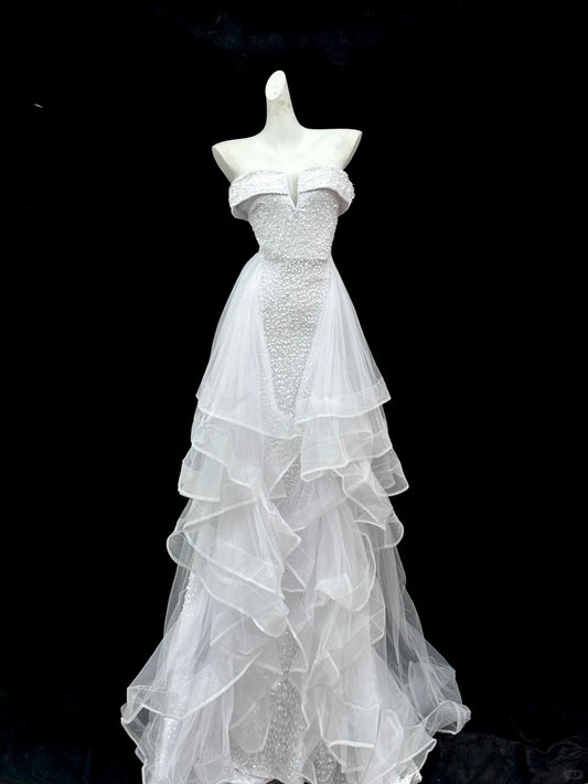 NiceVestidos--White Sparkling Exquisite Beaded Long Tulle Wedding Prom Dress Nv5607