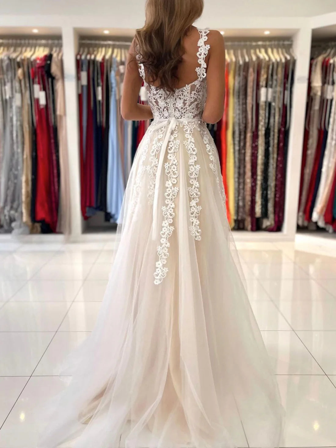 Champagne A-Line Lace Long Prom Dresses, Champagne Formal Evening Dresses nv1525