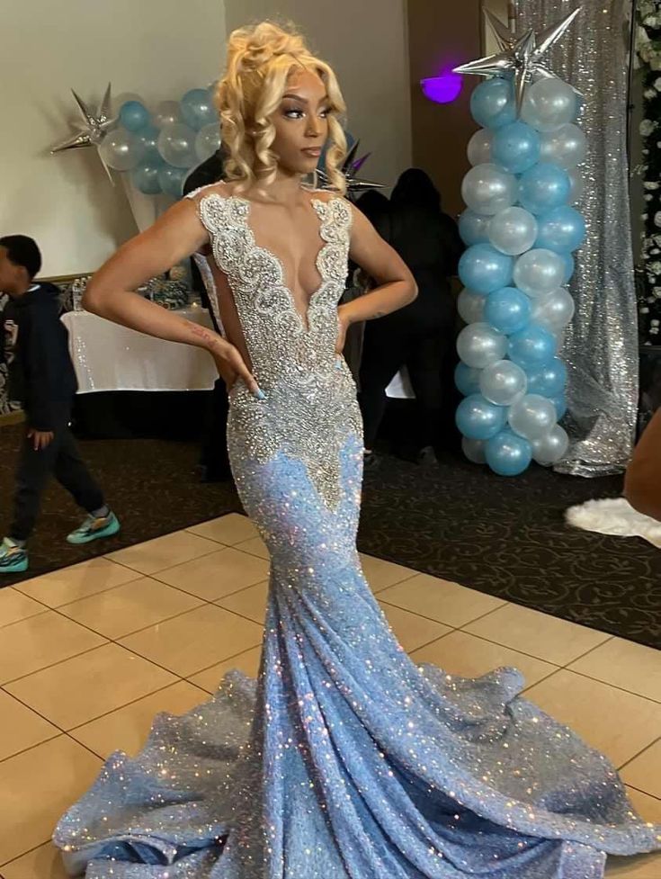 Blue gorgeous shiny sequins long mermaid slim ball gown evening dress nv184