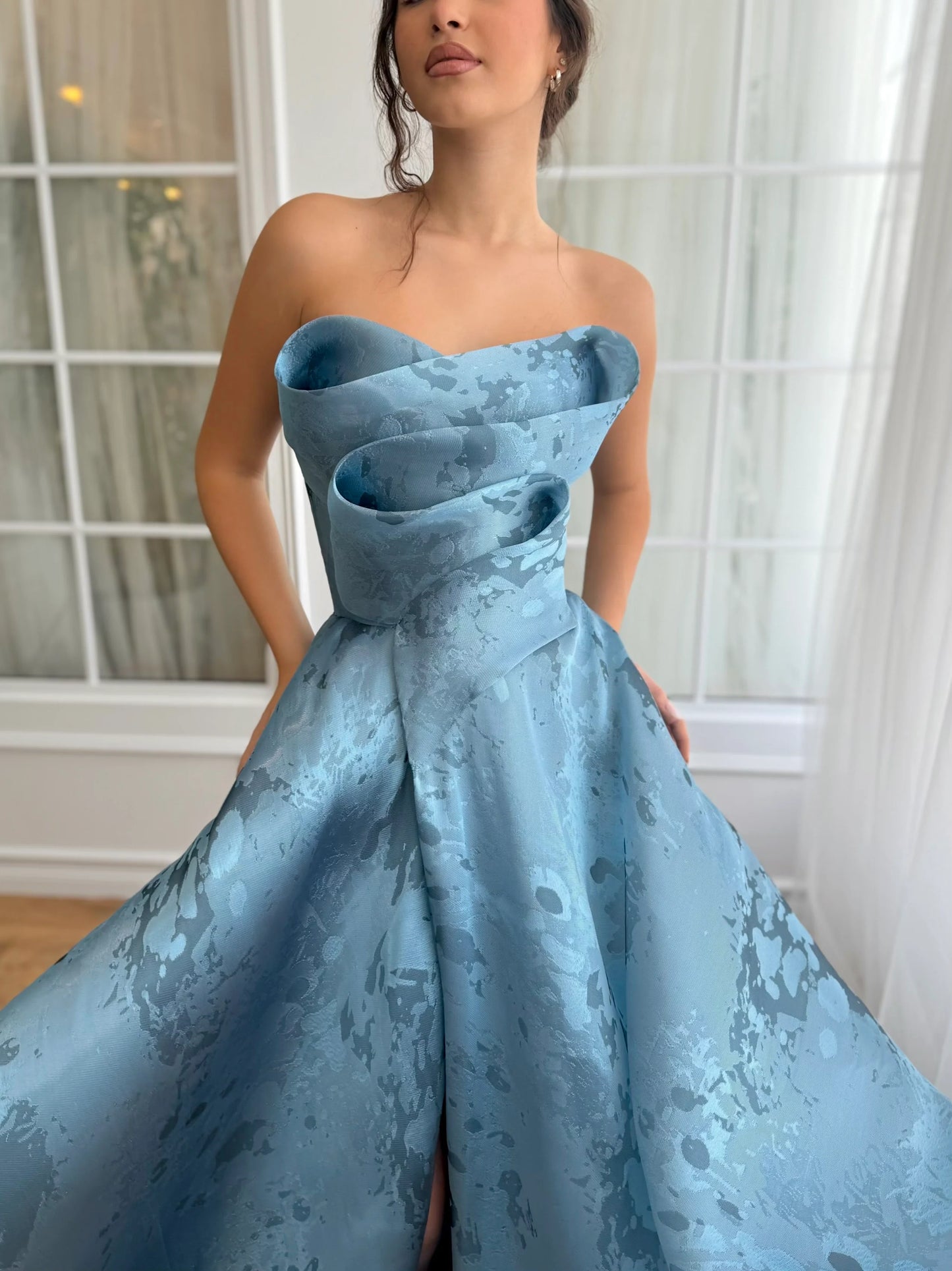 strapless ruched embossed printed satin lace-up prom dress nv1637