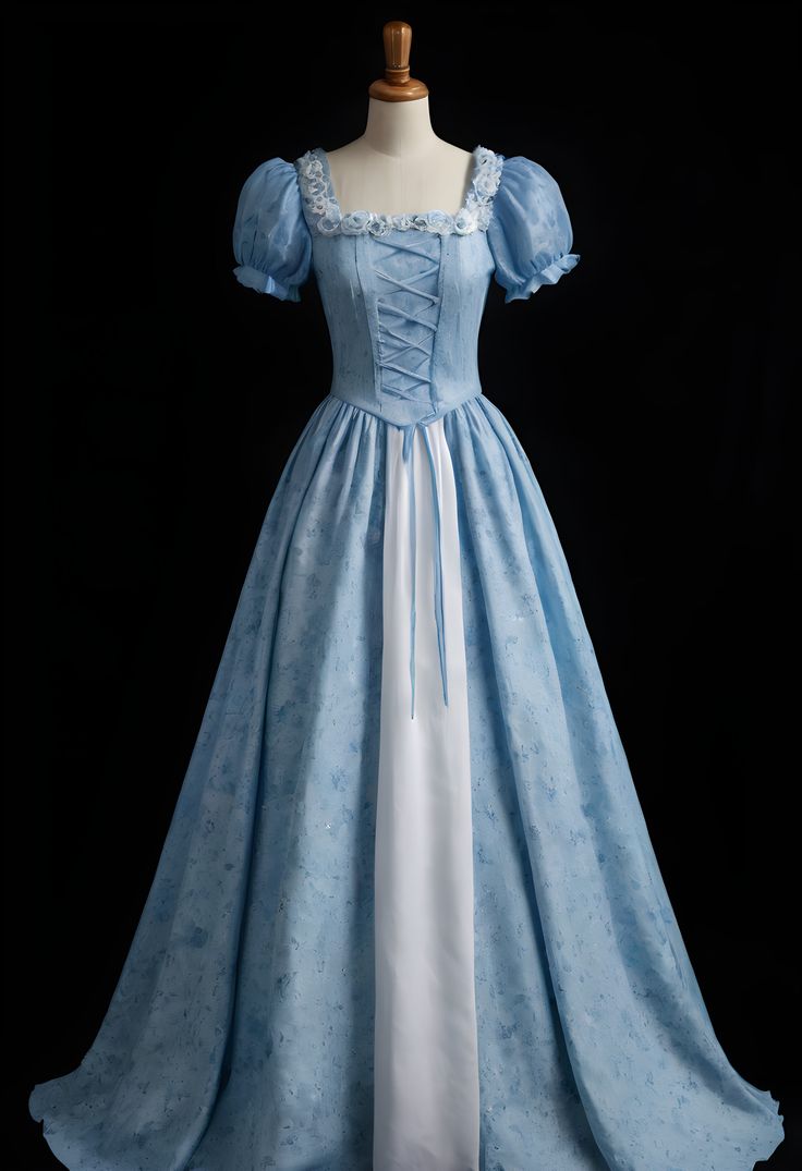 Hellblaues Abendkleid mit Schnürung und Spitzeneinsatz: Quadratischer Ausschnitt, Puffärmel, kontrastierender Rock, Retro-Maxikleid NV6432