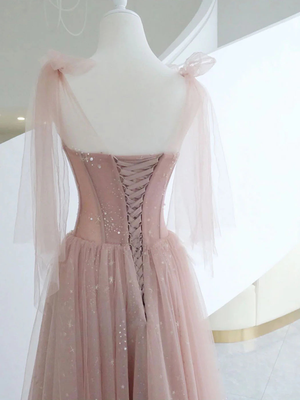 A-Line Pink Round Neck Tulle Long Prom Dresses, Pink Formal Evening Dress nv1528
