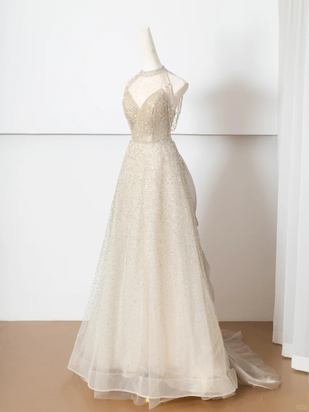 Champagne gold shining elegant tulle long prom dress evening dress party dress nv4753