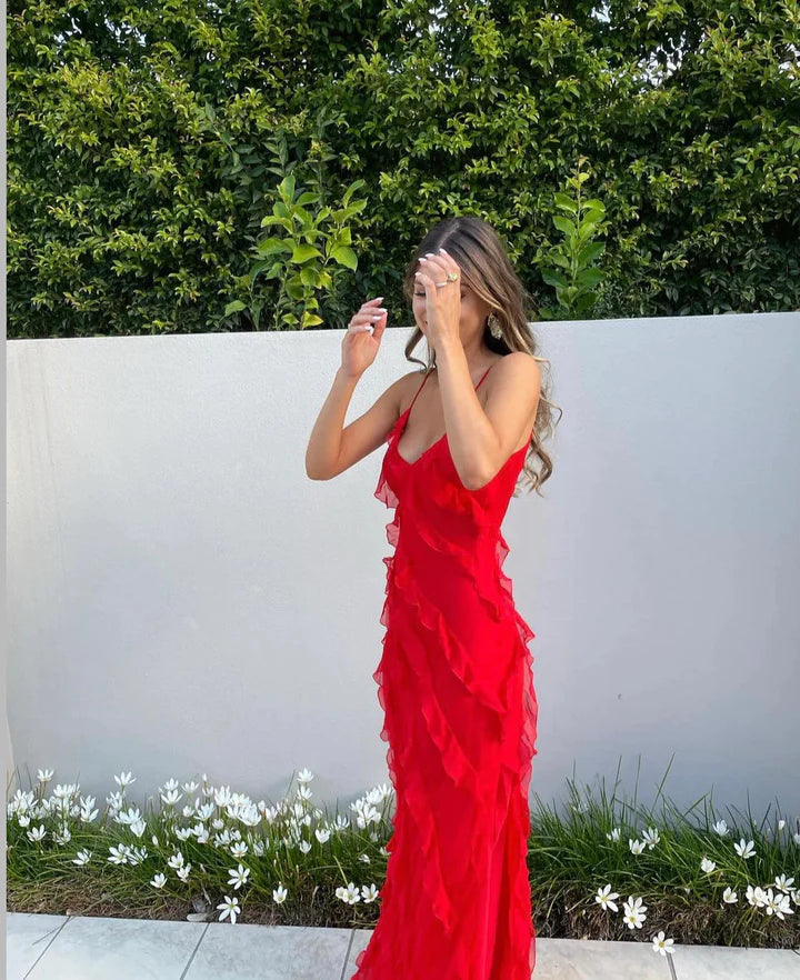 Red fashion spaghetti straps long Chiffon ruffled bodycon ball gown evening dress party dress nv3544