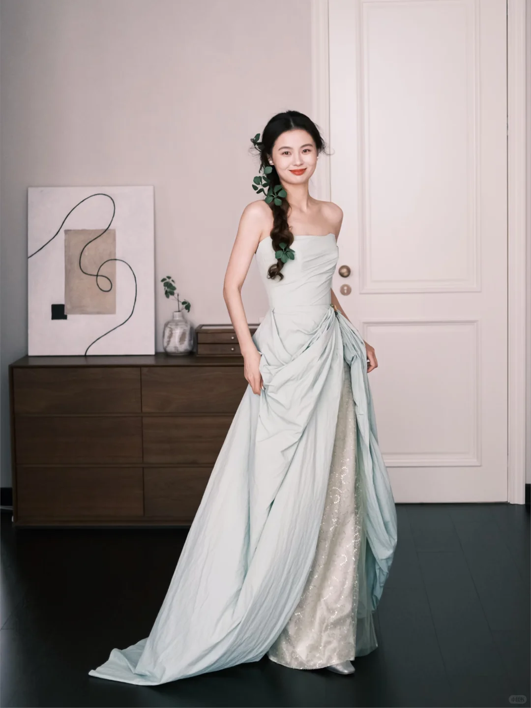 Strapless Ruched Evening Gown Mint Green Draped Overlay Sequin Prom Dress NV7251