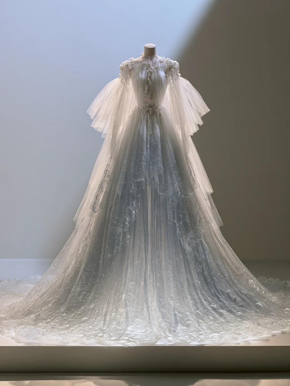 Ombre White Light Blue Bubble Texture Tulle Wedding Dress with Flutter Sleeve & Long Train NV7484